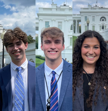 Liam Horan (left), Jake Lorenz (middle), and Sophia Shapiro (right) each standing in front of the White House.